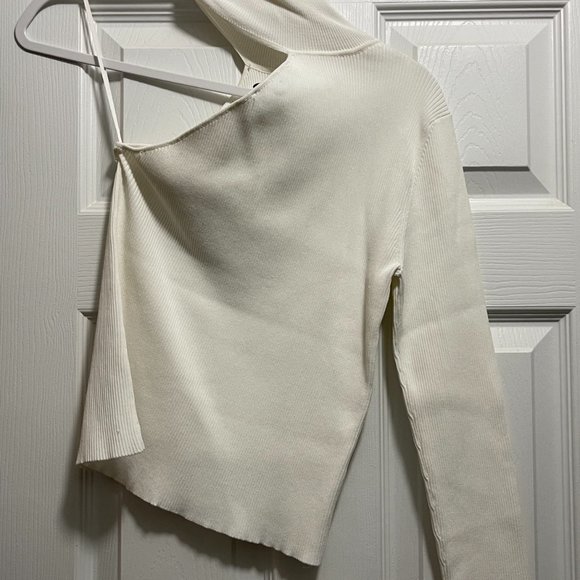 Zara One Shoulder White Ribbed Turtleneck Sweater Crop Size L - Picture 5 of 5
